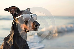 doberman in sleek sunglasses on a seaside jog