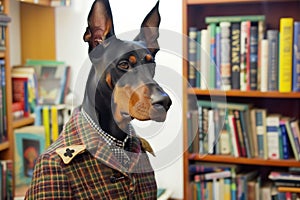 doberman wearing a tweed jacket with elbow patches near a bookshelf