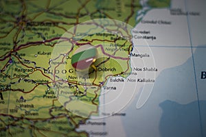 Dobrich pinned on a map with flag of Bulgaria