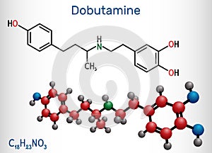 Dobutamine molecule. It is synthetic catecholamine, used as cardiotonic agent after cardiac surgery and for severe heart failure. photo