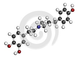 Dobutamine sympathomimetic drug molecule. 3D rendering. Atoms are represented as spheres with conventional color coding: hydrogen