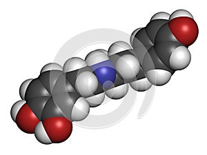 Dobutamine sympathomimetic drug molecule. 3D rendering. Atoms are represented as spheres with conventional color coding: hydrogen