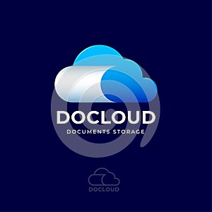 Doc Cloud logo. Cloud and blank of document. Cloud info emblems. Storage for docs logo.