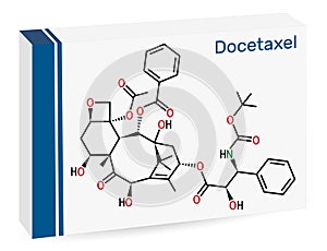 Docetaxel, DTX or DXL molecule. It is taxoid antineoplastic agent used in treatment of various cancers. Skeletal chemical formula