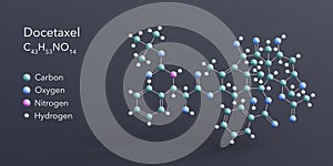 docetaxel molecule 3d rendering, flat molecular structure with chemical formula and atoms color coding photo