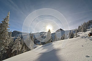 Dochia chalet on mountain in winter