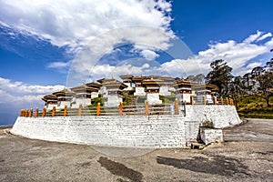 Dochu la chortens or stupas on top of the Dochula Pass in the Himalayas in Western Bhutan