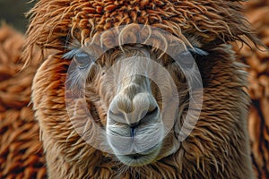 Docile Alpaca domestic farm closeup. Generate Ai photo