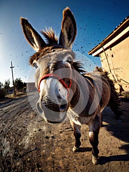 Docile donkey wearing vibrant red bridles gazes curiously, AI-generated. photo