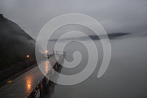 Dock in Alaska on a foggy monring,