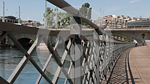 Dock barrier with pigeons with blurry background