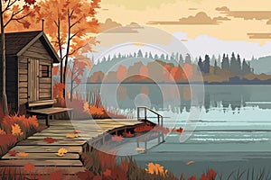 dock with a bench in front of a log cabin on an autumnal lakeside scene, magazine style illustration