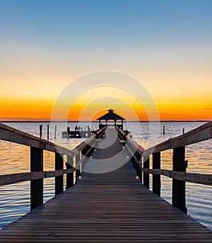 Dock leading out to a bay at sunset in the Outer Banks of North Carolina