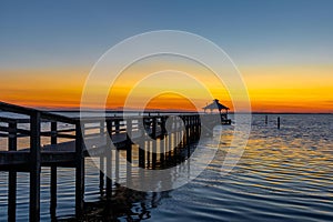 Dock leading out to a bay at sunset in the Outer Banks of North Carolina