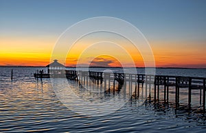 Dock leading out to a bay at sunset in the Outer Banks of North Carolina