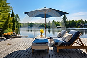 dock with outdoor furniture, cottage looking out to the lake