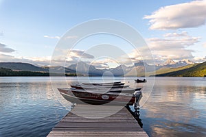 Dock over of lake Mcdonald surrounded by mountains