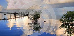 A dock at sunset over Florida Bay