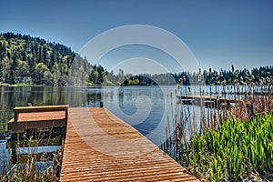 Dock on Washington State Lake with Mount Rainier in Distance
