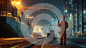 Dock worker in orange suit with walkies-talkie looking at the cargo ship at night