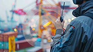 Dock worker in reflective gear holding a walkie-talkie at a busy port