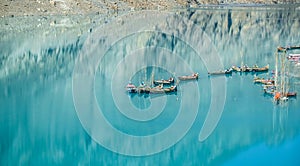 Docked boats in the Attabad lake. Gilgit Baltistan, Pakistan.