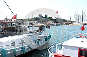 Docked boats near Bodrum castle