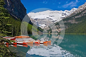 Docked canoes, lake louise, banff national park