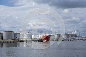 A docked Chemical and Oil Products Tanker in the Europoort, The Netherlands