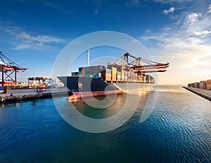 Docked container ship. Large container ship in a dock at the port