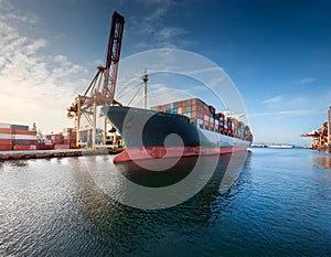 Docked container ship. Large container ship in a dock at the port