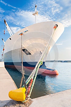 Docked dry cargo ship with bulbous bow