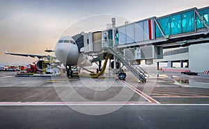 Docked jet aircraft in Dubai airport