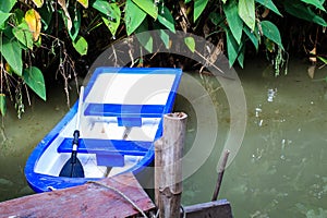 A docking station with blue plastic boat on the water surface still and resting water