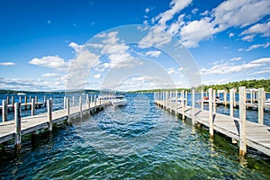 Docks along Lake Winnipesaukee in Weirs Beach, Laconia, New Hampshire.