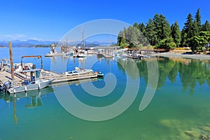 Docks and Boats at Heriot Bay on Hot Summer Day, Quadra Island, Discovery Islands, British Columbia, Canada photo