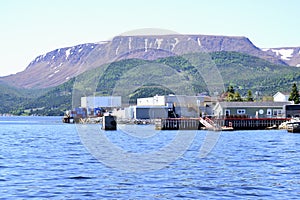 Docks and shipping containers along Bonne Bay with The Tablelands on the horizon