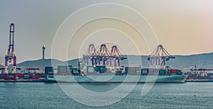 Dockside gantry cranes perform transshipping operations with container ship. Qingdao Qianwan Container Terminal photo
