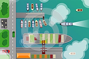 Dockyard harbor terminal aerial top view with cargo ship and ocean boats vector illustration