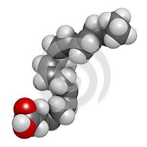 Docosahexaenoic acid (DHA, cervonic acid) molecule, 3D rendering. Polyunsaturated omega-3 fatty acid present in fish oil. Atoms