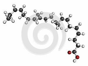 Docosahexaenoic acid (DHA, cervonic acid) molecule. Polyunsaturated omega-3 fatty acid present in fish oil. 3D rendering. Atoms