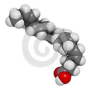 Docosahexaenoic acid (DHA, cervonic acid) molecule. Polyunsaturated omega-3 fatty acid present in fish oil. Atoms are represented