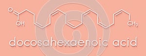 Docosahexaenoic acid DHA, cervonic acid molecule. Polyunsaturated omega-3 fatty acid present in fish oil. Skeletal formula.