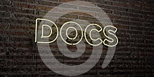 DOCS -Realistic Neon Sign on Brick Wall background - 3D rendered royalty free stock image