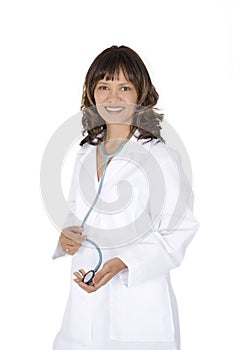 Female African American doctor or nurse wearing a lab coat photo