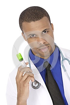 African American doctor holding a large syringe and looking evil