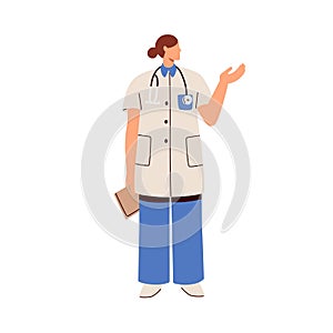 Doctor advertising, showing something with hand gesture. Woman medic, health care specialist, physician, general