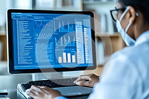 Doctor Analyzing Patient Data on Computer Screen with Clinical Spreadsheet and Medical Charts