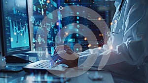 Doctor analyzing patient data through medical software interface on computer