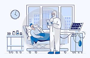 A doctor in an antiplague suit looks through the history of a seriously ill patient in the intensive care unit.